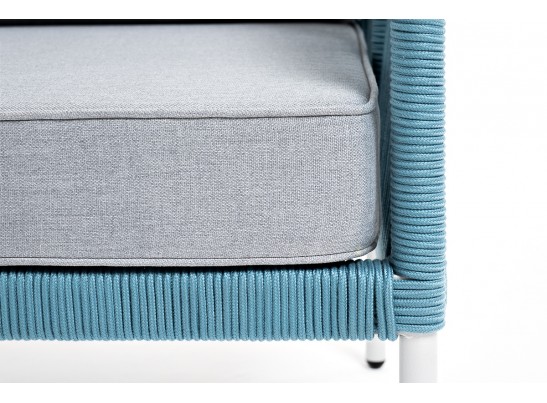 "Канны" диван 2-местный плетеный из роупа, каркас алюминий светло-серый (RAL7035) муар, роуп бирюзовый круглый, ткань светло-серая в Ростове-на-Дону