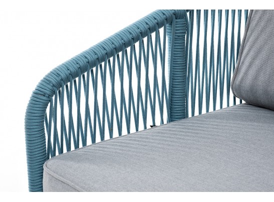 "Канны" диван 2-местный плетеный из роупа, каркас алюминий светло-серый (RAL7035) муар, роуп бирюзовый круглый, ткань светло-серая в Ростове-на-Дону