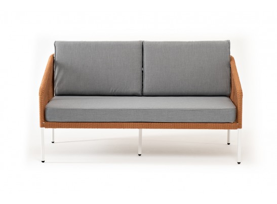 "Канны" диван 2-местный плетеный из роупа, каркас алюминий светло-серый (RAL7035) муар, роуп оранжевый меланж круглый, ткань светло-серая в Ростове-на-Дону