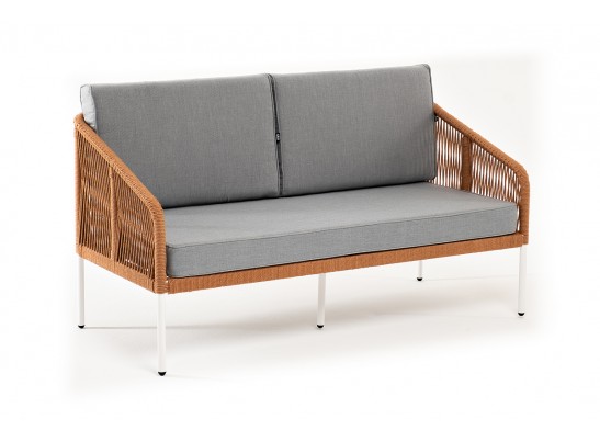 "Канны" диван 2-местный плетеный из роупа, каркас алюминий светло-серый (RAL7035) муар, роуп оранжевый меланж круглый, ткань светло-серая в Ростове-на-Дону