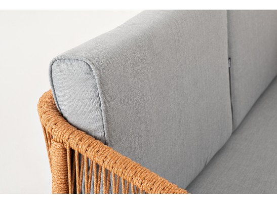 "Канны" диван 2-местный плетеный из роупа, каркас алюминий светло-серый (RAL7035) муар, роуп оранжевый меланж круглый, ткань светло-серая в Ростове-на-Дону