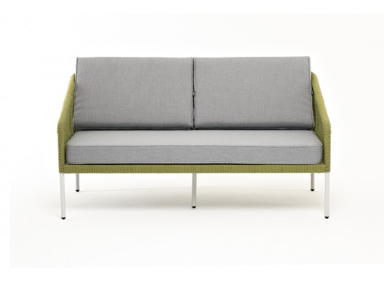 "Канны" диван 2-местный плетеный из роупа, каркас алюминий светло-серый (RAL7035) муар, роуп салатовый меланж круглый, ткань светло-серая в Ростове-на-Дону