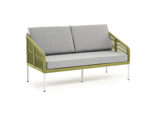 "Канны" диван 2-местный плетеный из роупа, каркас алюминий светло-серый (RAL7035) муар, роуп салатовый меланж круглый, ткань светло-серая в Ростове-на-Дону