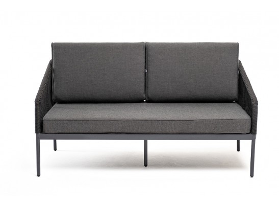 "Канны" диван 2-местный плетеный из роупа, каркас алюминий темно-серый (RAL7024) муар, роуп темно-серый круглый, ткань темно-серая 027 в Ростове-на-Дону