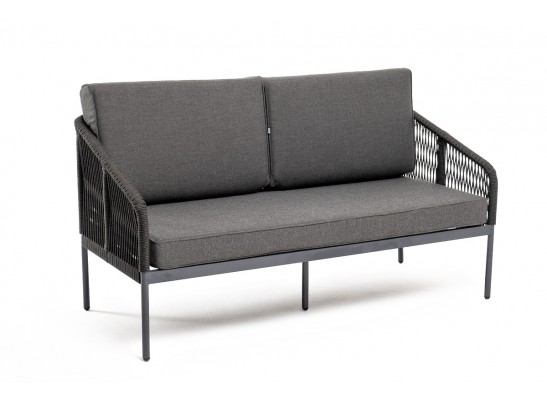 "Канны" диван 2-местный плетеный из роупа, каркас алюминий темно-серый (RAL7024) муар, роуп темно-серый круглый, ткань темно-серая 027 в Ростове-на-Дону