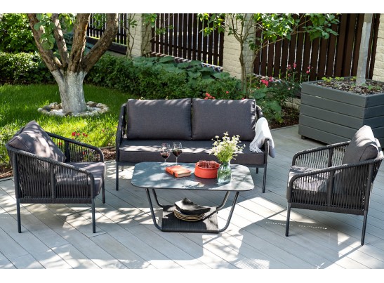 "Канны" диван 2-местный плетеный из роупа, каркас алюминий темно-серый (RAL7024) муар, роуп темно-серый круглый, ткань темно-серая 027 в Ростове-на-Дону