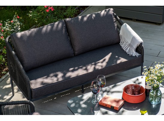 "Канны" диван 2-местный плетеный из роупа, каркас алюминий темно-серый (RAL7024) муар, роуп темно-серый круглый, ткань темно-серая 027 в Ростове-на-Дону