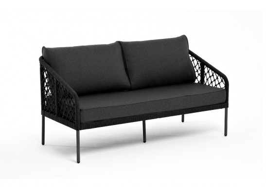 "Канны" диван 2-местный плетеный из роупа (узелки), каркас алюминий темно-серый (RAL7024) муар, роуп темно-серый круглый, ткань темно-серая 027 в Ростове-на-Дону