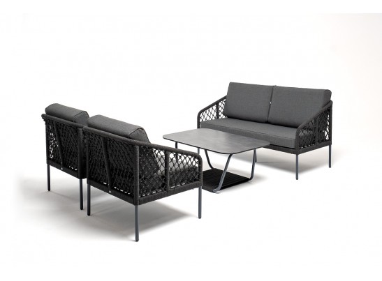"Канны" диван 2-местный плетеный из роупа (узелки), каркас алюминий темно-серый (RAL7024) муар, роуп темно-серый круглый, ткань темно-серая 027 в Ростове-на-Дону