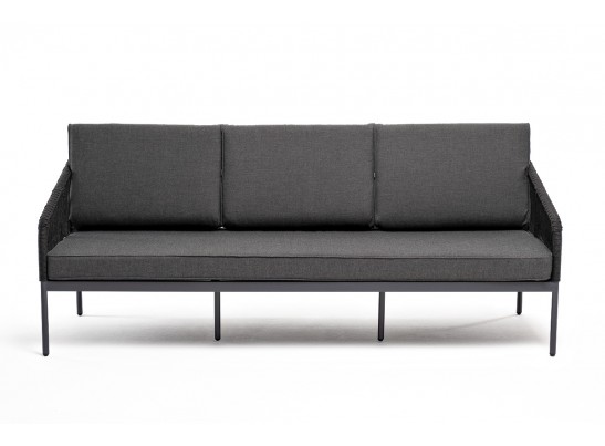 "Канны" диван 3-местный плетеный из роупа, каркас алюминий темно-серый (RAL7024) муар, роуп темно-серый круглый, ткань темно-серая 027 в Ростове-на-Дону