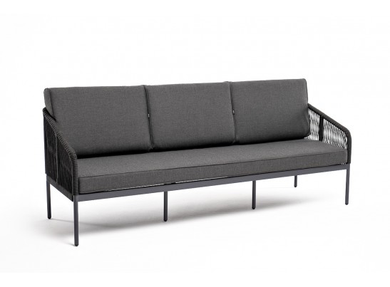"Канны" диван 3-местный плетеный из роупа, каркас алюминий темно-серый (RAL7024) муар, роуп темно-серый круглый, ткань темно-серая 027 в Ростове-на-Дону