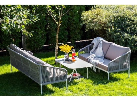 "Канны" диван 2-местный плетеный из роупа, каркас алюминий белый, роуп светло-серый, ткань светло-серая в Ростове-на-Дону
