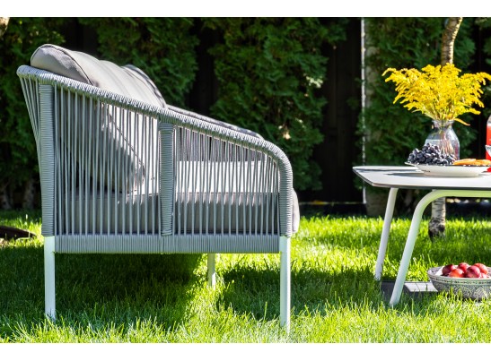 "Канны" диван 2-местный плетеный из роупа, каркас алюминий белый, роуп светло-серый, ткань светло-серая в Ростове-на-Дону