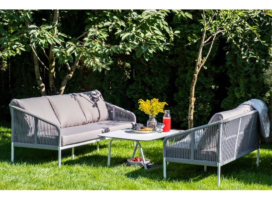 "Канны" диван 2-местный плетеный из роупа, каркас алюминий белый, роуп светло-серый кругл, ткань серая в Ростове-на-Дону
