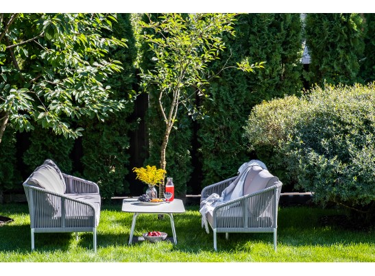 "Канны" диван 2-местный плетеный из роупа, каркас алюминий белый, роуп светло-серый кругл, ткань серая в Ростове-на-Дону