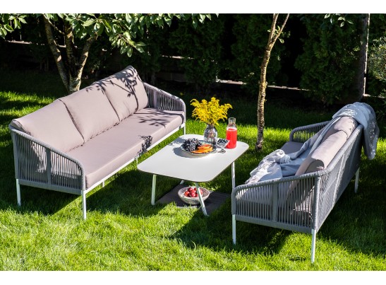 "Канны" диван 2-местный плетеный из роупа, каркас алюминий белый, роуп светло-серый кругл, ткань серая в Ростове-на-Дону