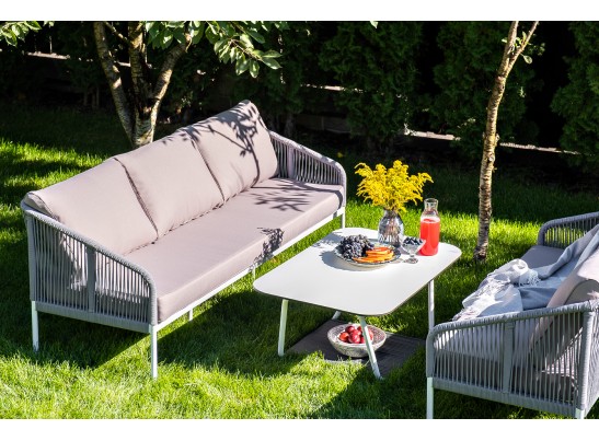 "Канны" диван 2-местный плетеный из роупа, каркас алюминий белый, роуп светло-серый кругл, ткань серая в Ростове-на-Дону