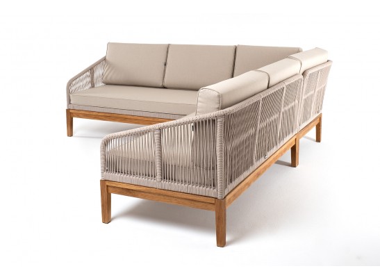 "Канны" диван модульный плетеный из роупа, основание дуб, роуп бежевый круглый, ткань бежевая 052 в Ростове-на-Дону