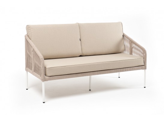 "Канны" диван 2-местный плетеный из роупа, каркас алюминий белый, роуп бежевый, ткань бежевая в Ростове-на-Дону
