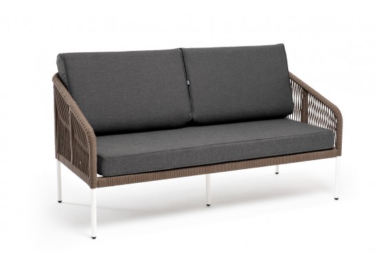 "Канны" диван 2-местный плетеный из роупа, каркас алюминий белый, роуп коричневый круглый, ткань серая в Ростове-на-Дону