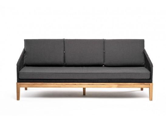 "Канны" диван 3-местный плетеный из роупа, основание дуб, роуп темно-серый круглый, ткань темно-серая 027 в Ростове-на-Дону