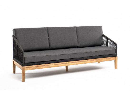 "Канны" диван 3-местный плетеный из роупа, основание дуб, роуп темно-серый круглый, ткань темно-серая 027 в Ростове-на-Дону