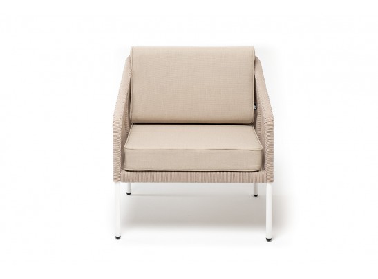 "Канны" кресло плетеное из роупа, каркас алюминий белый, муар, роуп бежевый круглый, ткань бежевая 035 в Ростове-на-Дону