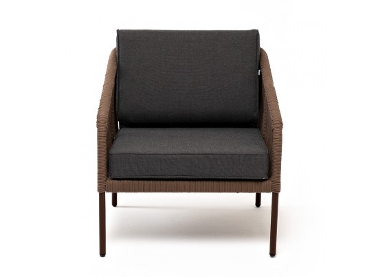 "Канны" кресло плетеное из роупа, каркас алюминий коричневый (RAL8016) муар, роуп коричневый круглый, ткань темно-серая 027 в Ростове-на-Дону