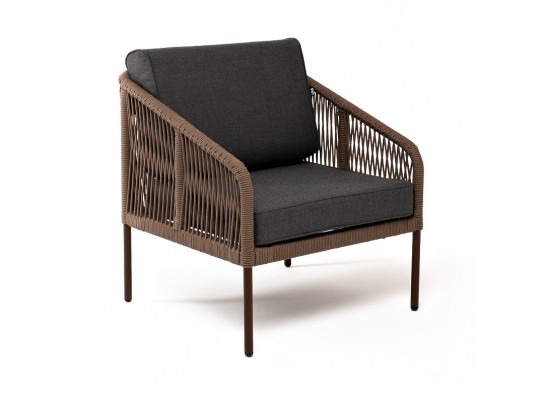 "Канны" кресло плетеное из роупа, каркас алюминий коричневый (RAL8016) муар, роуп коричневый круглый, ткань темно-серая 027 в Ростове-на-Дону