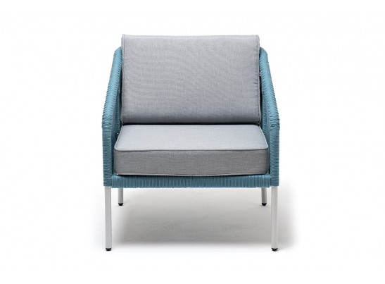 "Канны" кресло плетеное из роупа, каркас алюминий светло-серый (RAL7035) муар, роуп бирюзовый круглый, ткань светло-серая в Ростове-на-Дону