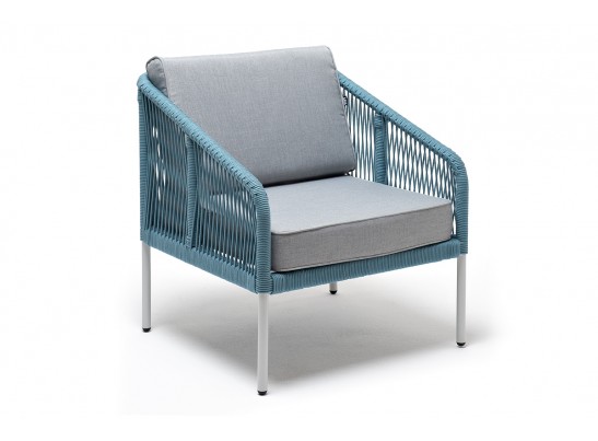 "Канны" кресло плетеное из роупа, каркас алюминий светло-серый (RAL7035) муар, роуп бирюзовый круглый, ткань светло-серая в Ростове-на-Дону