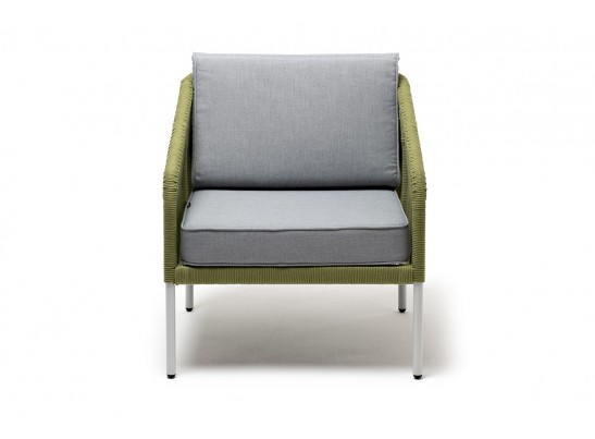 "Канны" кресло плетеное из роупа, каркас алюминий светло-серый (RAL7035) муар, роуп салатовый меланж круглый, ткань светло-серая в Ростове-на-Дону