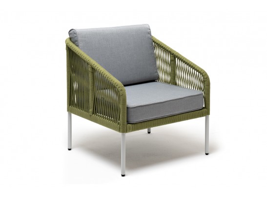 "Канны" кресло плетеное из роупа, каркас алюминий светло-серый (RAL7035) муар, роуп салатовый меланж круглый, ткань светло-серая в Ростове-на-Дону