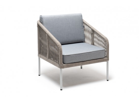 "Канны" кресло плетеное из роупа, каркас алюминий светло-серый (RAL7035) муар, роуп серый меланж круглый, ткань светло-серая в Ростове-на-Дону