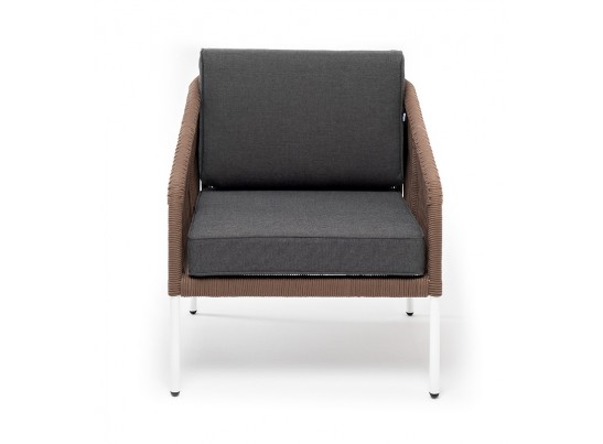 "Канны" кресло плетеное из роупа (веревки), каркас алюминий белый, роуп коричневый, ткань серая в Ростове-на-Дону