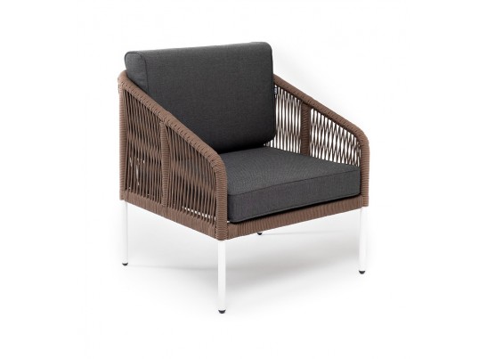 "Канны" кресло плетеное из роупа (веревки), каркас алюминий белый, роуп коричневый, ткань серая в Ростове-на-Дону