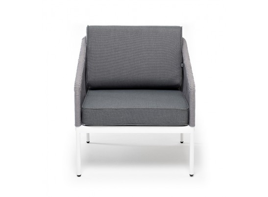 "Канны" кресло плетеное из роупа, каркас алюминий белый муар, роуп светло-серый круглый, ткань серая 017 в Ростове-на-Дону