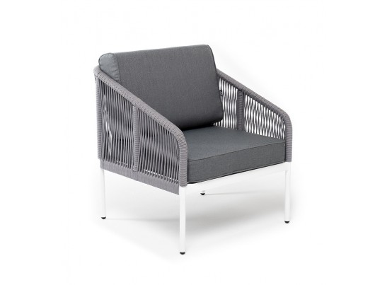 "Канны" кресло плетеное из роупа, каркас алюминий белый муар, роуп светло-серый круглый, ткань серая 017 в Ростове-на-Дону