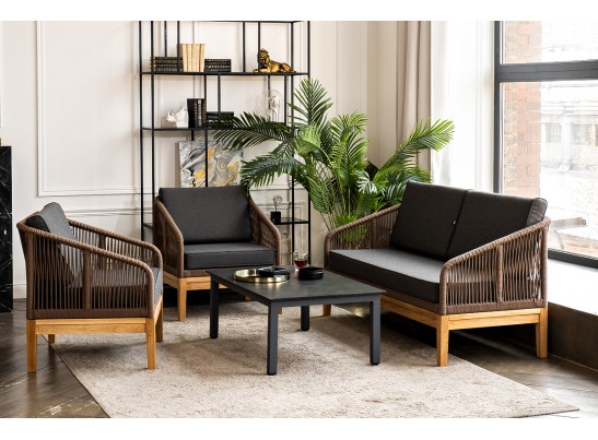 "Канны" лаунж-зона 4-ая из роупа со столиком "Канны" (серый гранит), основание дуб, роуп коричневый в Ростове-на-Дону