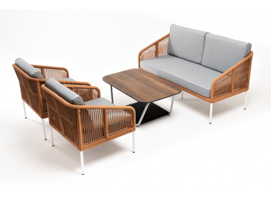 "Канны" лаунж-зона 4-местная из роупа со столом "Глория" цвет "дуб", каркас алюминиевый белый, роуп оранжевый меланж в Ростове-на-Дону