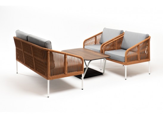 "Канны" лаунж-зона 4-местная из роупа со столом "Глория" цвет "дуб", каркас алюминиевый белый, роуп оранжевый меланж в Ростове-на-Дону