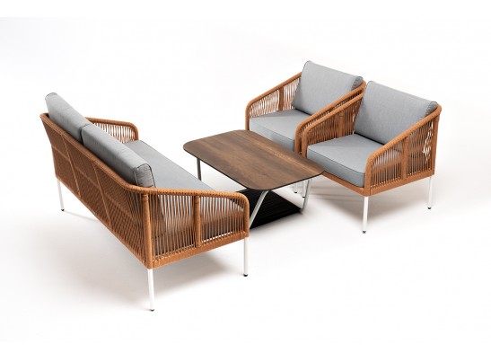 "Канны" лаунж-зона 4-местная из роупа со столом "Глория" цвет "дуб", каркас алюминиевый белый, роуп оранжевый меланж в Ростове-на-Дону