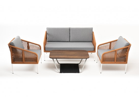 "Канны" лаунж-зона 4-местная из роупа со столом "Глория" цвет "дуб", каркас алюминиевый белый, роуп оранжевый меланж в Ростове-на-Дону