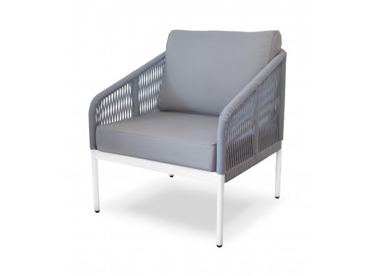 "Канны" кресло плетеное из роупа (веревки), каркас алюминий белый, роуп светло-серый, ткань AHS в Ростове-на-Дону