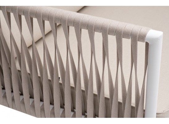 "Касабланка" диван 2-местный плетеный из роупа, каркас алюминий белый муар, роуп бежевый 20мм, ткань бежевая 15052 в Ростове-на-Дону