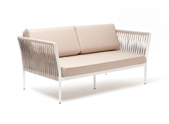 "Касабланка" диван 2-местный плетеный из роупа, каркас алюминий светло-серый (RAL7035) муар, роуп серо-коричневый 23мм, ткань бежевая 052 в Ростове-на-Дону