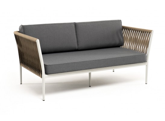 "Касабланка" диван 2-местный плетеный из роупа, каркас алюминий светло-серый (RAL7035) муар, роуп серо-коричневый 23мм, ткань серая 017 в Ростове-на-Дону