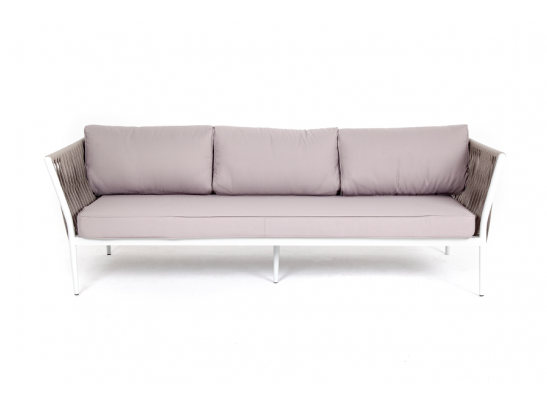 "Касабланка" диван 3-местный плетеный из роупа, каркас алюминий белый муар, роуп бежевый 20мм, ткань бежевая 052 в Ростове-на-Дону