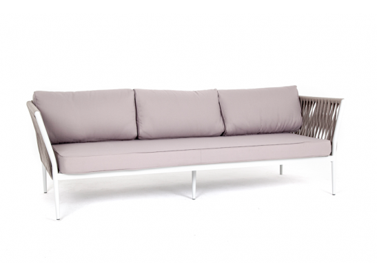 "Касабланка" диван 3-местный плетеный из роупа, каркас алюминий белый муар, роуп бежевый 20мм, ткань бежевая 052 в Ростове-на-Дону