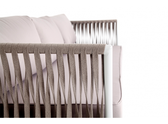 "Касабланка" диван 3-местный плетеный из роупа, каркас алюминий белый муар, роуп бежевый 20мм, ткань бежевая 052 в Ростове-на-Дону